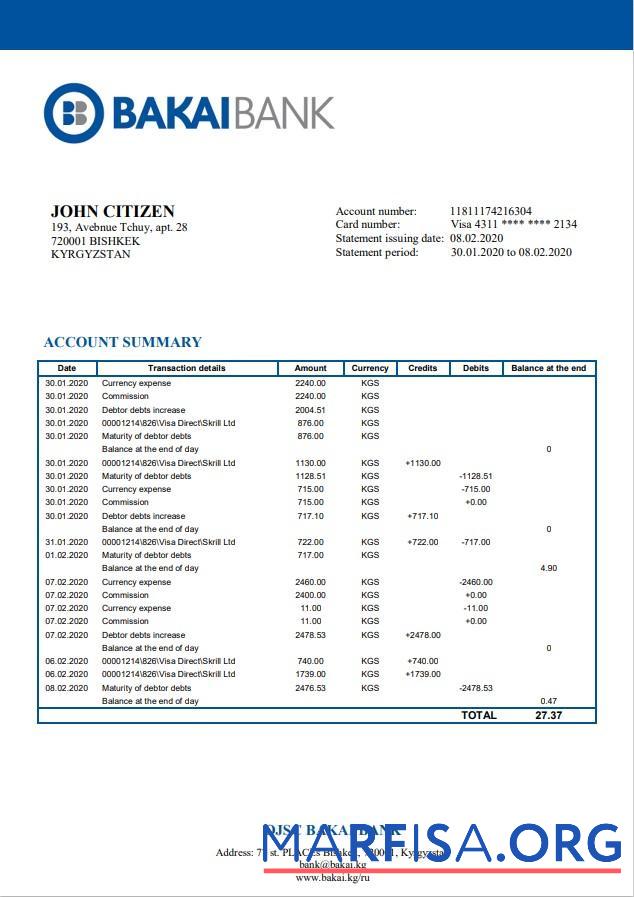 Blank Kyrgyzstan OJSC Bakai bank statement word example